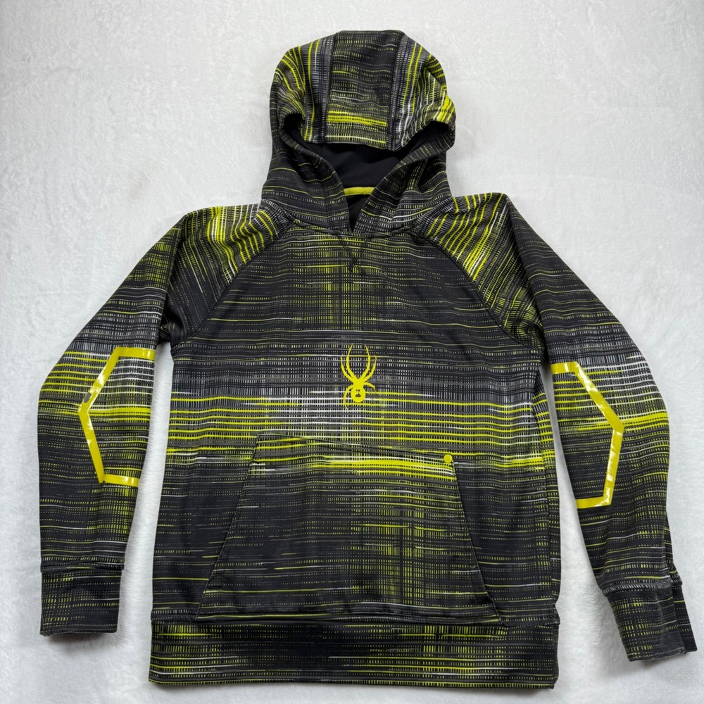 Spyder Hoodie Pullover Activewear Thumb Holes Neon Yellow Black Kids Size L READ